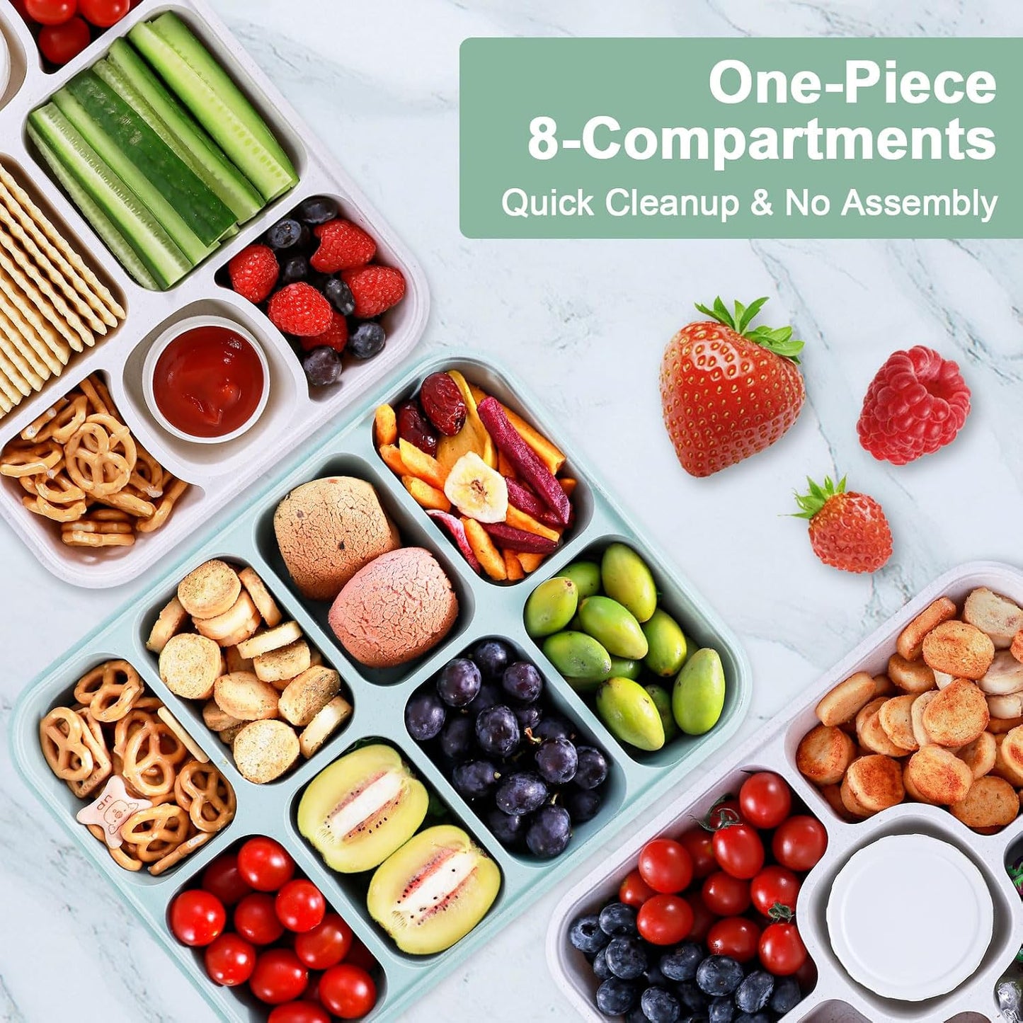 Snackle Box Container, Large 8-Compartment Divided Serving Tray with Lid and Handle, Portable Snack Tray for Travel Party Beach Picnic, Dishwasher Safe, BPA-Free, Wheat Straw