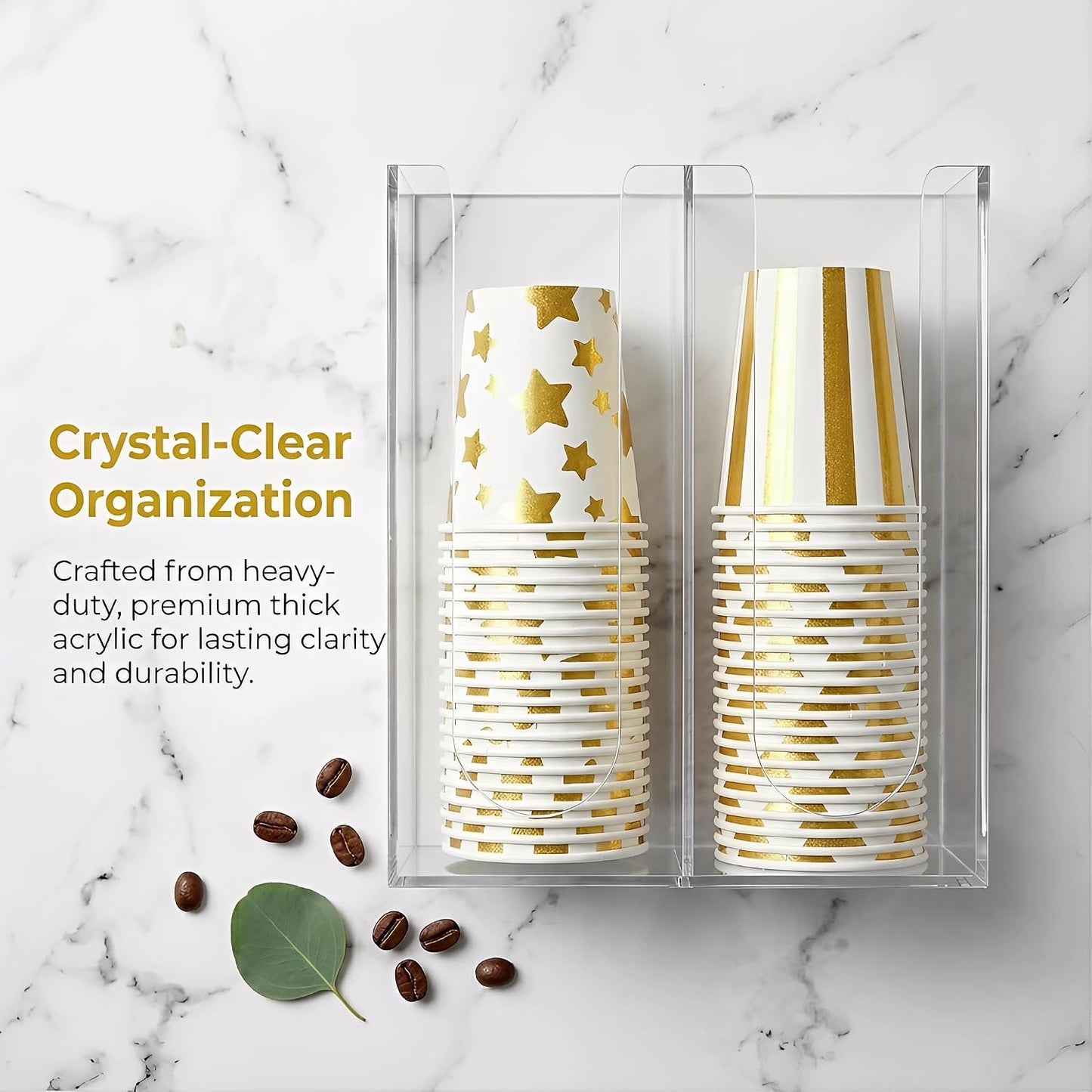 Acrylic Coffee Cup and Lid Storage Organizer Holder, 2 Compartments Disposable Paper Cup Dispenser, Clear Plastic Cups and Lids Organizer for Kitchen, Countertop, Coffee Bar