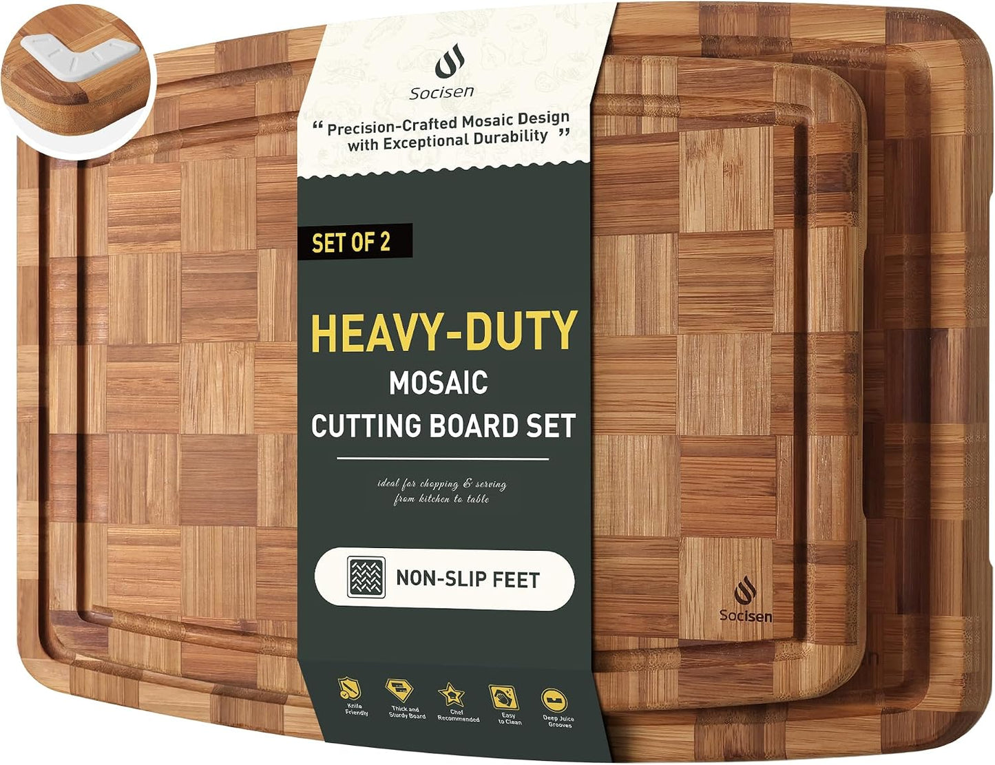 3 Pack Bamboo Cutting Board Set Non Toxic Wooden Cutting Board for Kitchen Non Slip Solid End Grain Thick Wood Juice Groove Chopping Board Edge Grain Teak Smart Marble Flexible Round Stone Metal