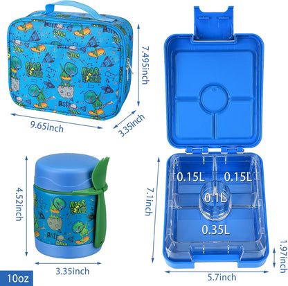 Bento Lunch Box Set for Kids with 10oz Soup Thermo, Leak-Proof Lunch Containers with 4 Compartment, Kids Thermo Hot Food Jar and Insulated Lunch Bag for Kid to School,BPA-Free(Dragon)