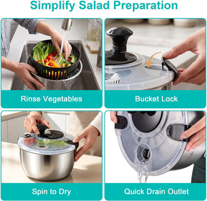 5.3QT Stainless Steel Salad Spinner, Large Lettuce Spinner & Vegetable Washer with Hand Crank, Locking Lid and Non-Slip Base, BPA-Free Salad Dryer for Fruits & Vegetables
