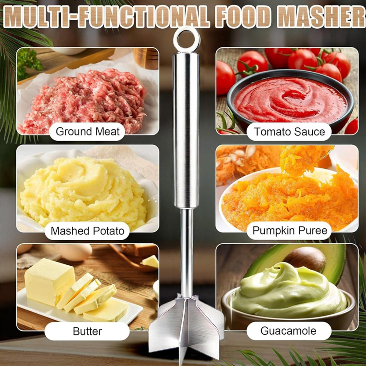 Meat Masher, 304 Stainless Steel 6 Blade Ground Beef Chopper Tool