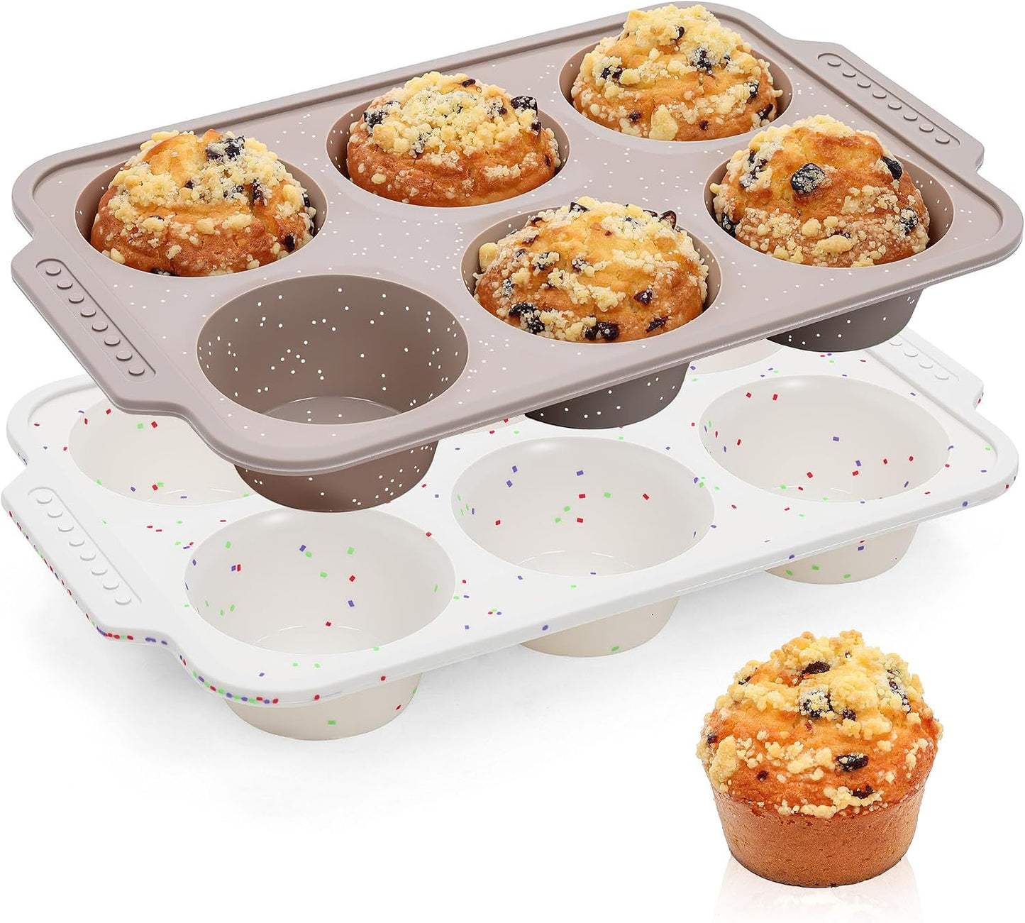 2 Pcs Silicone Muffin Pans for Baking with Metal Reinforced Frame, Nonstick Cupcake Tray for Oven, 12 Cups Regular Size Silicone Molds for Egg Bites, Dishwasher Safe (Brown, Cream)