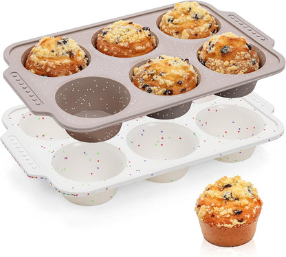 2 Pcs Silicone Muffin Pans for Baking with Metal Reinforced Frame, Nonstick Cupcake Tray for Oven, 12 Cups Regular Size Silicone Molds for Egg Bites, Dishwasher Safe (Brown, Cream)