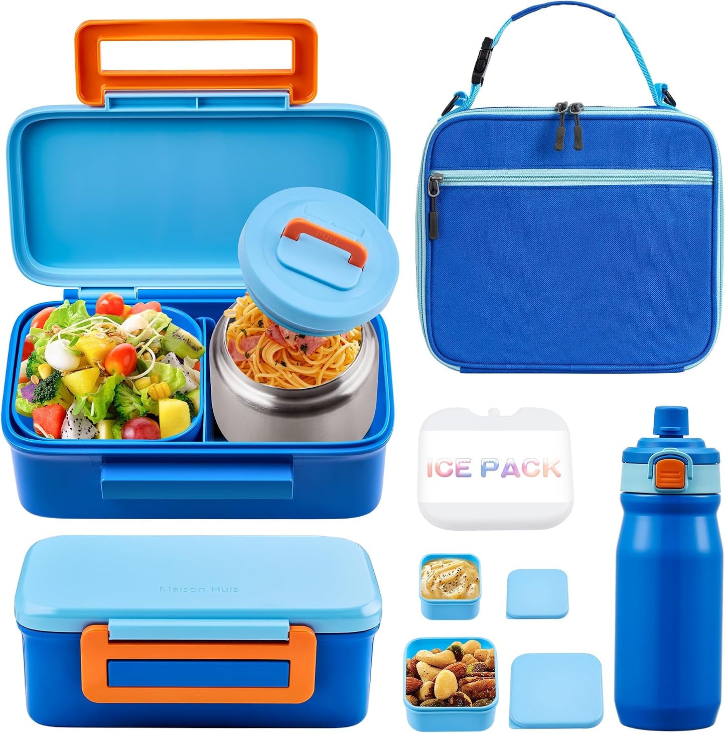 MAISON HUIS Bento Box for Kids with 8oz Soup Thermo, Insulated Lunch Bag & 17oz Water Bottle, 2-Compartment Bento Box with Built-In Ice Pack, Leak-Proof & BPA-Free (Purple)