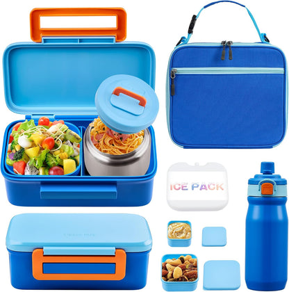 MAISON HUIS Bento Box for Kids with 8oz Soup Thermo, Insulated Lunch Bag & 17oz Water Bottle, 2-Compartment Bento Box with Built-In Ice Pack, Leak-Proof & BPA-Free (Purple)