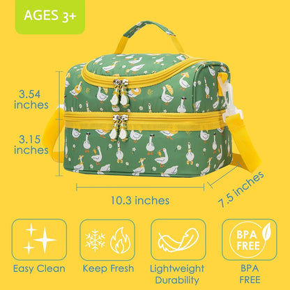 Insulated Kids Dual Compartment Lunch Bags Tote Pack for Girls Boys Toddler Kindergarten School Picnic Cooler Thermal Lunch Boxes with Strap (Green Rainbow)