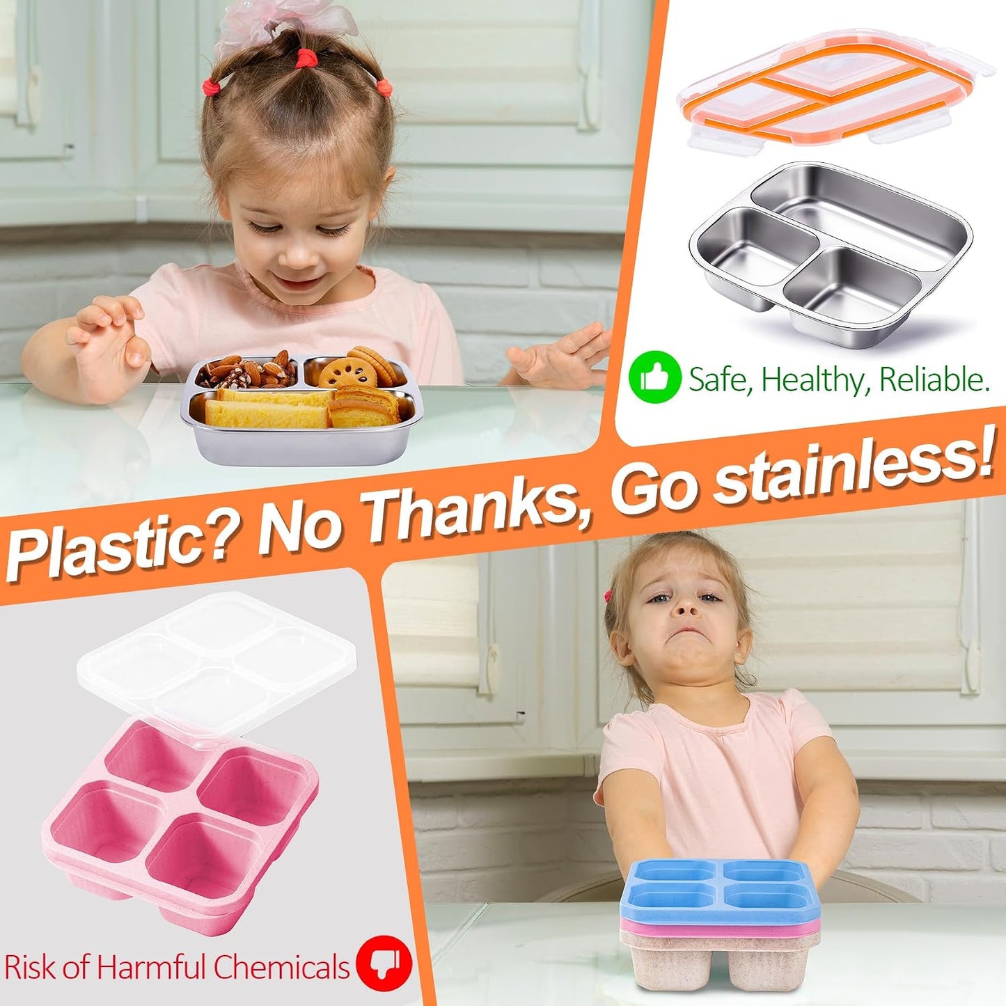 KTKUDY 3 Pack Stainless Steel Snack Containers - Kids Lunch Containers with 3 Compartment - Divided Meal Prep Bento Box for Kids Daycare, School, Work, Travel