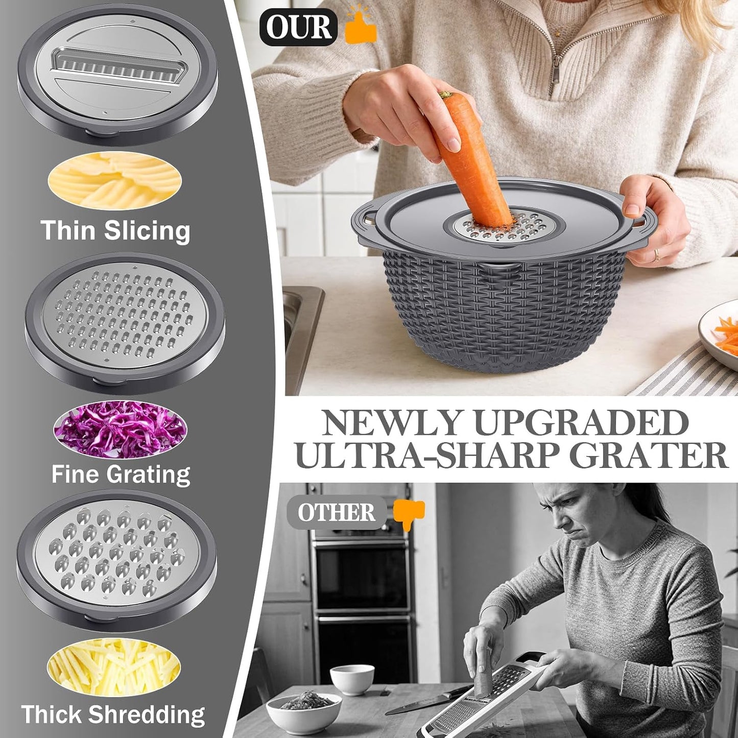 4-in-1 Colander with Bowl Set — Patented 360° Rotatable Strainer Bowl with 3 Graters, Snap-On Lid & Non-Slip Base, Funny Kitchen Present for Women, Aesthetic Pasta Fruit Vegetable Strainer (Beige)