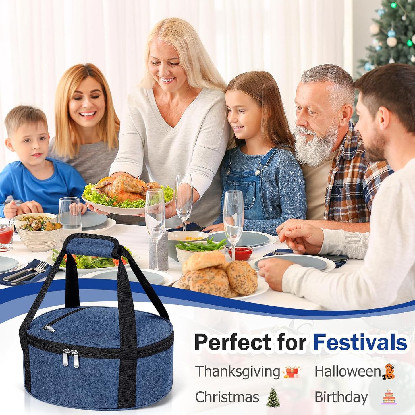 Round Insulated Casserole Carrier – 12" Portable Pie Carrier Bag for Hot or Cold Food, Leakproof Thermal Lunch Tote with Handle for Parties Picnic & Travel - Grey