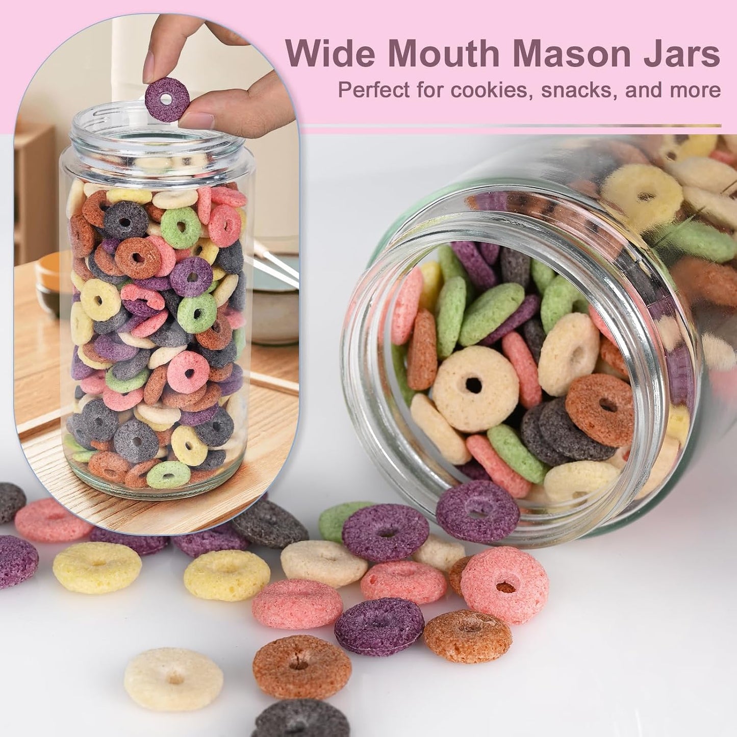 Overnight Oats Containers with Lids, 10oz Wide Mouth Mason Jars with Lids, 9 Pack Glass Jars with Airtight lid for Chia Pudding Yogurt Salad, Meal Prer Oatmeal Jars, Pink