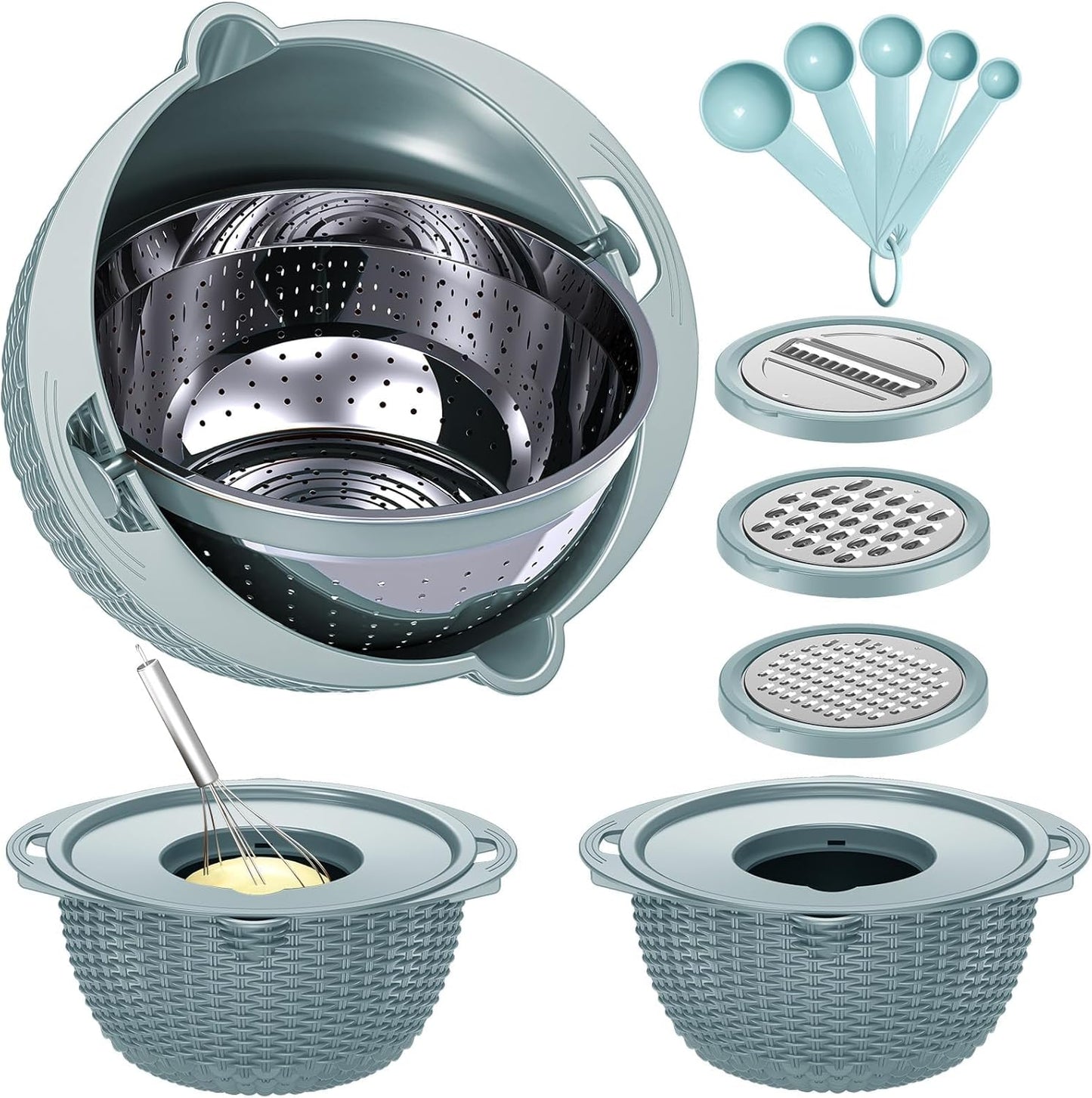 4-1 Colander with Bowl & Spoons Set - Rotatable Colander for kitchen with New Upgraded Graters, Food Strainer(Patented) for Pasta, Fruits, Vegetables, Funny Presents for Women, Beige