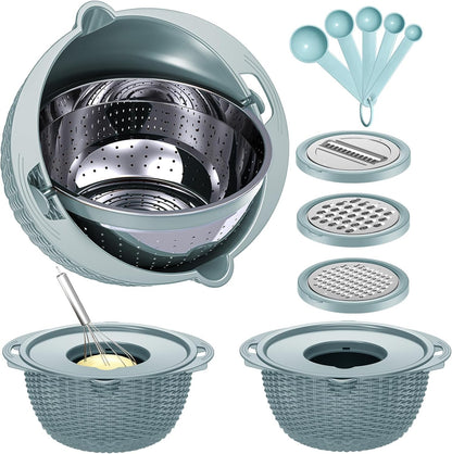 4-1 Colander with Bowl & Spoons Set - Rotatable Colander for kitchen with New Upgraded Graters, Food Strainer(Patented) for Pasta, Fruits, Vegetables, Funny Presents for Women, Beige