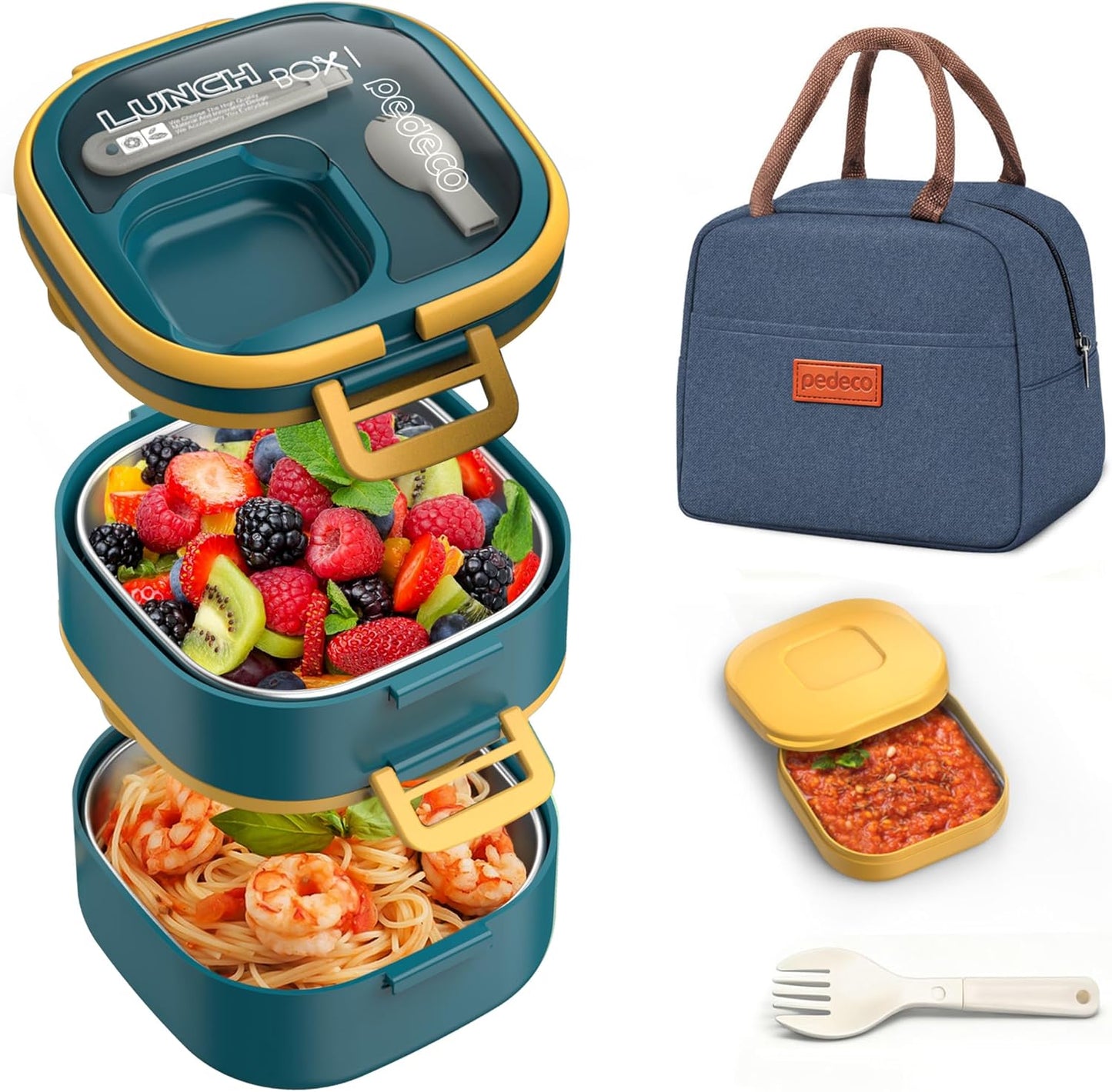 PEDECO Stackable Stainless Steel Bento Box with Insulated bag,Adult & Kids Luch Box,Leak-Proof,1-Tier Bento box,Lunch Box With Portable Sauce Pod and Cutlery-for Teens/Toddler,Dishwasher Safe,Blue
