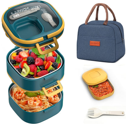 PEDECO Stackable Stainless Steel Bento Box with Insulated bag,Adult & Kids Luch Box,Leak-Proof,1-Tier Bento box,Lunch Box With Portable Sauce Pod and Cutlery-for Teens/Toddler,Dishwasher Safe,Blue