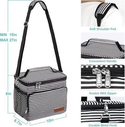 Tiblue Insulated Lunch Bag for Women/Men, Reusable Lunch Box for Office Work School Picnic,Leakproof Freezable Cooler Bag with Adjustable Shoulder Strap for Kid/Adult(Medium, Black & White Stripes)