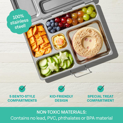 PlanetBox Rover Stainless Steel Bento Box Style Lunch Box Kit for Kids with 5 Compartments – Space Animals Edition includes Insulated Lunch Bag, Leakproof Food Containers and Matching Magnets