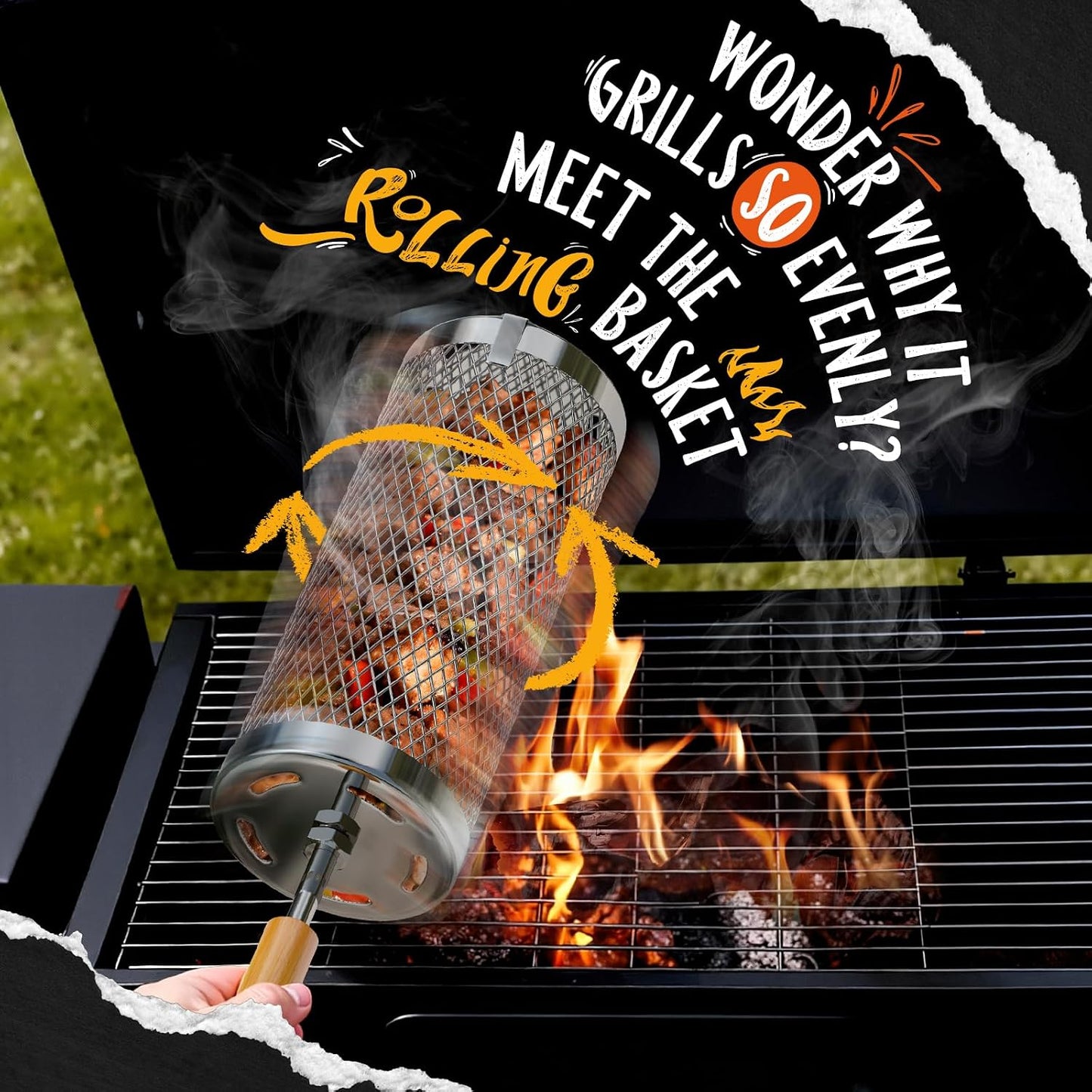 Rolling Grill Basket 2-Pack,304 Stainless Steel Grill Basket with Removable Wooden Handle,BBQ Tool & Smoker Accessory for Grill Rotisseries Veg & Shrimp,Ideal for Outdoor Cooking,Camping & Gifts for Dad/Husband/Men