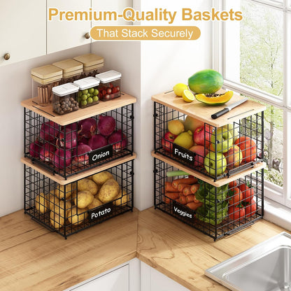 2 Pack Stackable Wire Baskets with Bamboo Top for Pantry Organizers and Storage, XXL Kitchen Organization Counter Basket for Fruit, Vegetable, Produce, Bread, Potato and Onion Storage Bins
