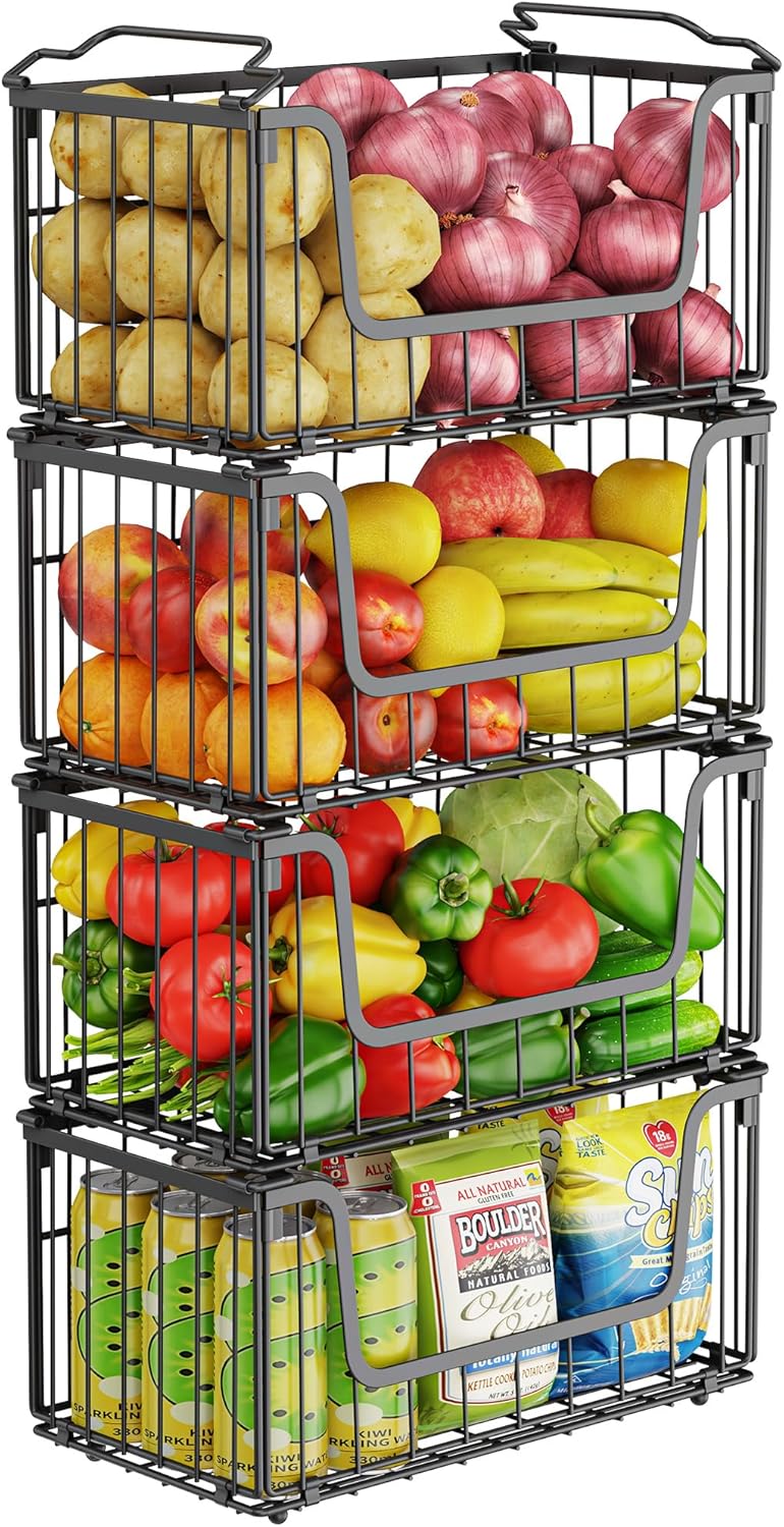 MSERCUOR 4 Pack Potato and Onion Storage Bin, Stackable Wire Fruit Basket for Kitchen Counter, Sweet Potatoes Storage for Kitchen Organization and Storage, Black Foldable Wire Basket