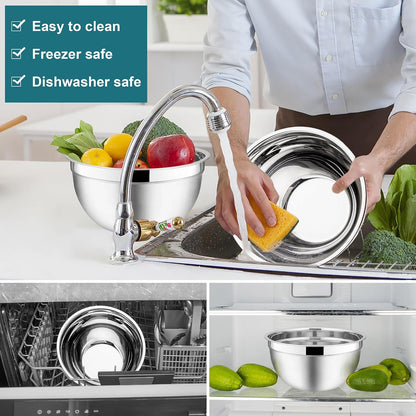 E-far Mixing Bowls With Lids Sets of 5, 10-Piece Stainless Steel Salad Metal Nesting Bowl for Baking Cooking and Prepping, Airtight Lid & Stackable Design, Size 4.6, 3, 2.1, 1.5, 0.7 QT, Black