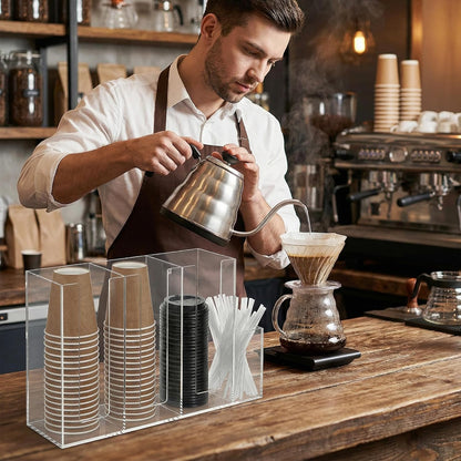 4 Compartments Acrylic Coffee Cup and Lid Holder, Plastic Disposable Paper Cups Dispenser Organizer Clear Lid Straw Holder Accessories for Bar, House, Kitchen, Coffee