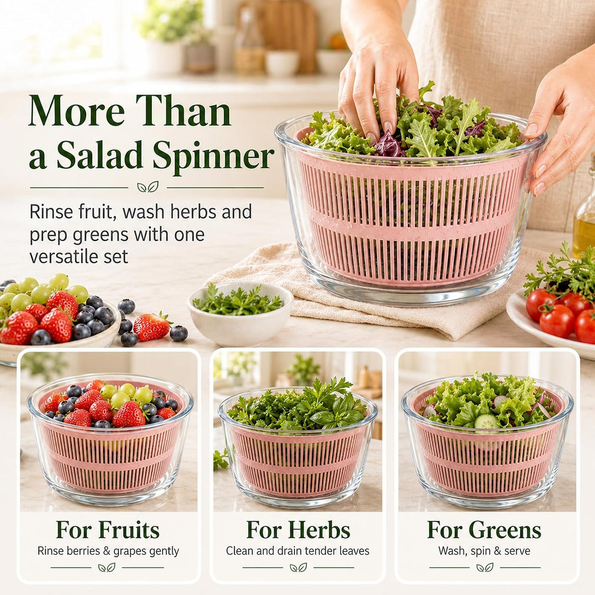 Large 5.2 Qt Glass Salad Spinner with Storage Lid Glass Bowl Black