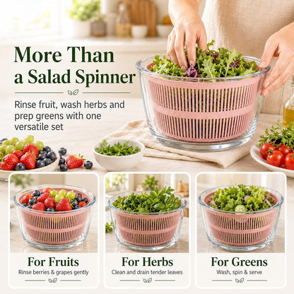 Large 5.2 Qt Glass Salad Spinner with Storage Lid Glass Bowl Black
