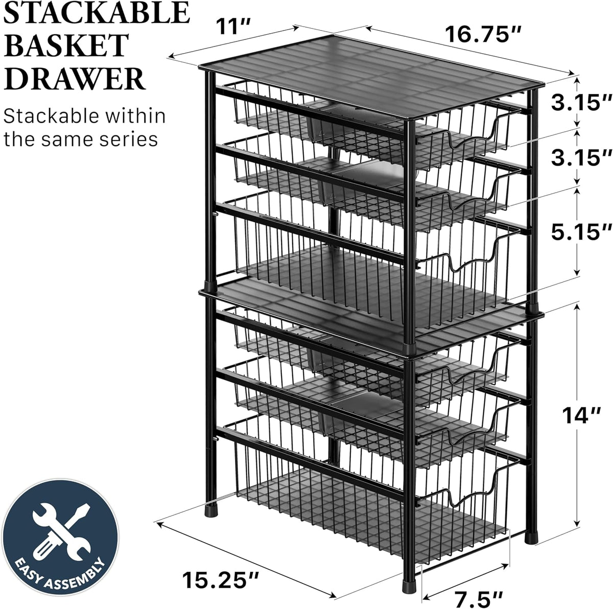Simple Houseware Stackable Basket Drawer, Chrome