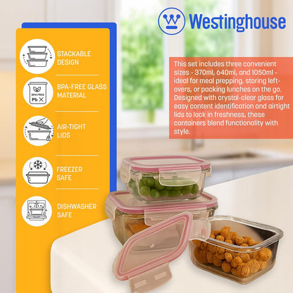 Westinghouse 3-Piece Glass Food Storage Container Set with Airtight Lids - BPA-Free, Stackable, Leakproof, Freezer, Microwave, Oven & Dishwasher Safe Meal Prep Containers - 370ml 640ml 1050ml