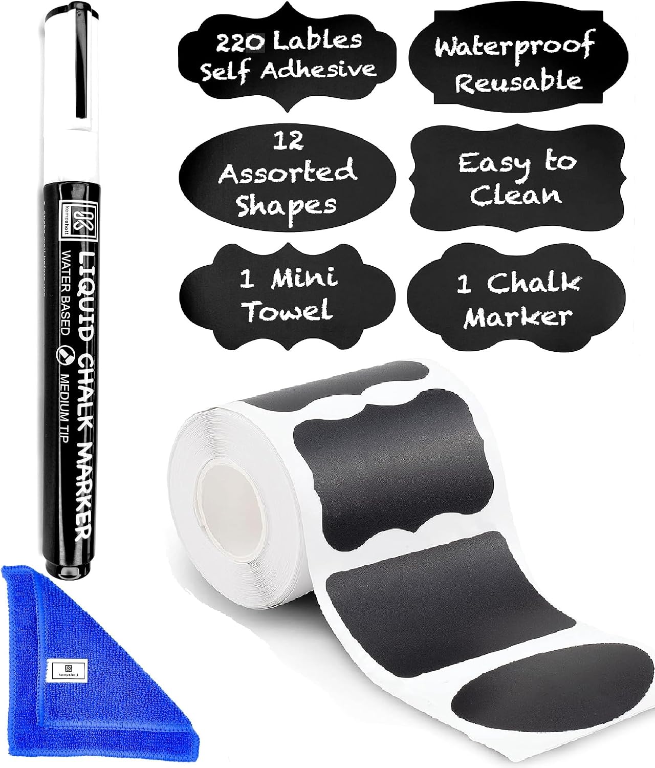 Chalkboard Labels for Jars 162pcs - Waterproof Reusable Chalk Sticker Labels for Containers Storage Jars - 12 Unique Shapes & 3 Sizes Includes Erasable Liquid Chalk Marker & Mini Towel (Pack of 162)