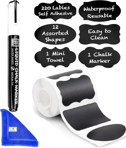 Chalkboard Labels for Jars 162pcs - Waterproof Reusable Chalk Sticker Labels for Containers Storage Jars - 12 Unique Shapes & 3 Sizes Includes Erasable Liquid Chalk Marker & Mini Towel (Pack of 162)
