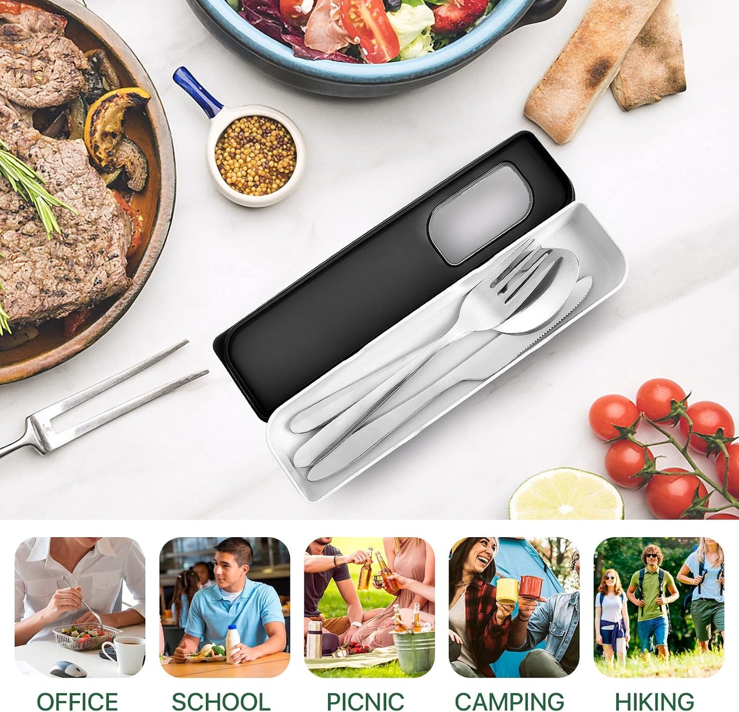 Reusable Travel Utensils with Case, 4pcs Portable Cutlery Set, Knives Fork and Spoon Set for Lunch Box, Portable Silverware Set for Travel Camping Picnic Hiking Office