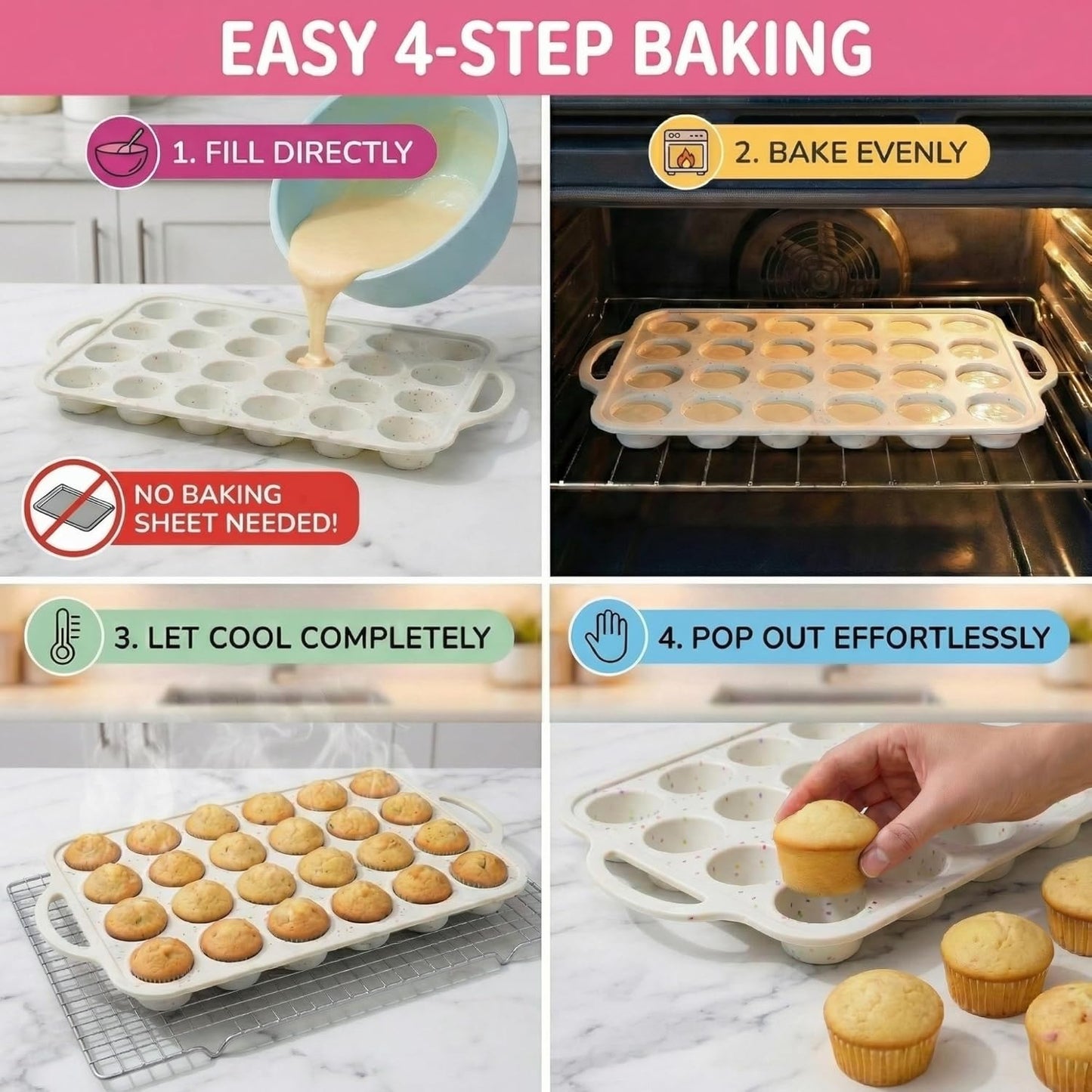 2-Pack Silicone Muffin Pan Set – Regular 12 Cup & Mini 24-Cup Silicone Muffin Pans for Baking – Nonstick Silicone Cupcake Pan with Metal-Reinforced Handles – BPA-Free, Dishwasher-Safe, Cream