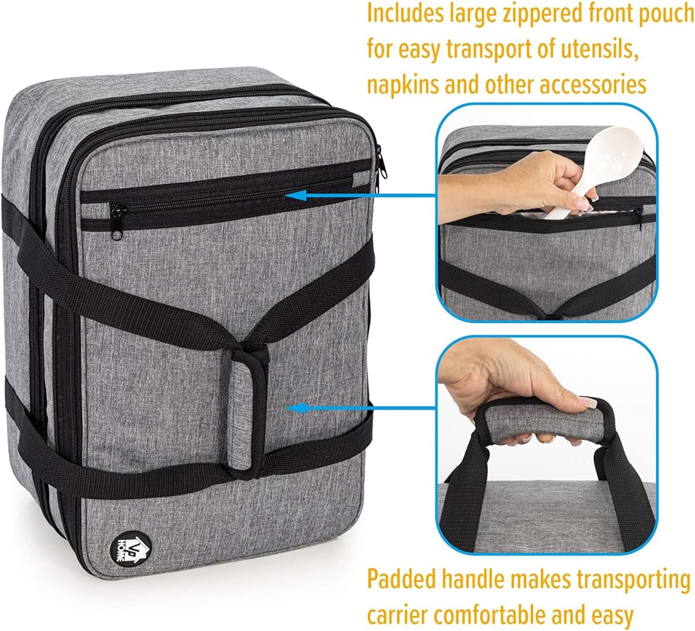 VP Home Large Casserole Carrier - Double Compartment Insulated Bag for Hot or Cold Food - Cupcake Carrier - Insulated Tote Bag with Lid for Travel Parties or Food Transport Containers - Heather Gray