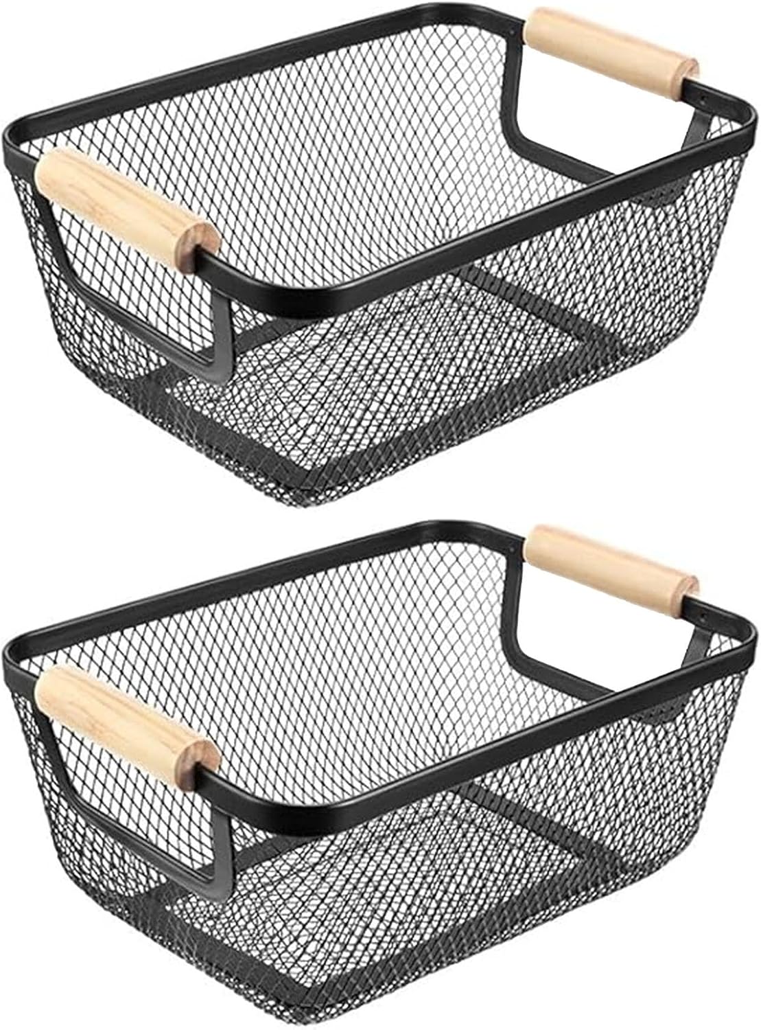 AJIODA Metal Mesh Steel Basket, Large Wire Storage Organizer Basket Multi-function Hanging Kitchen Baskets with Wood Handle for Kitchen Bathroom Picnic Home, Rectangle-Off White