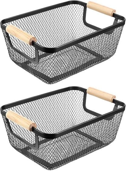AJIODA Metal Mesh Steel Basket, Large Wire Storage Organizer Basket Multi-function Hanging Kitchen Baskets with Wood Handle for Kitchen Bathroom Picnic Home, Rectangle-Off White