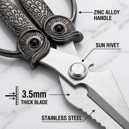 XSNBRD All Purpose Kitchen Scissors, Pearl Gold Stainless Owl Shears.