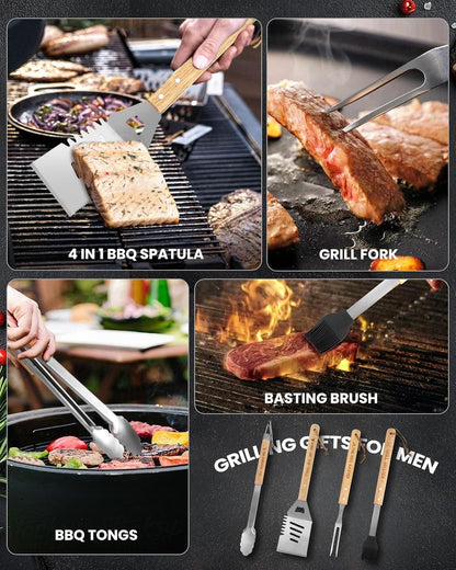 4PCS Grilling Accessories BBQ Tools - Stainless Steel Grill Set with Tongs, Fork, Spatula, Brush, Carrying Bag, Birthday for Men, Father, Husband