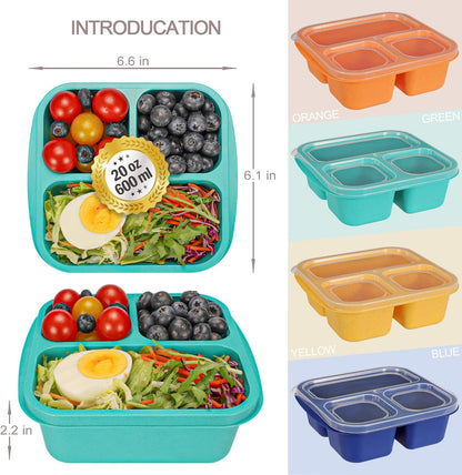 Bento Box For Kids, 4 Pack 3 Compartments Lunchable Meal Prep Containers Lunch Containers, Reusable Snack Containers with Lids, Snack Boxes for School, Work, and Travel