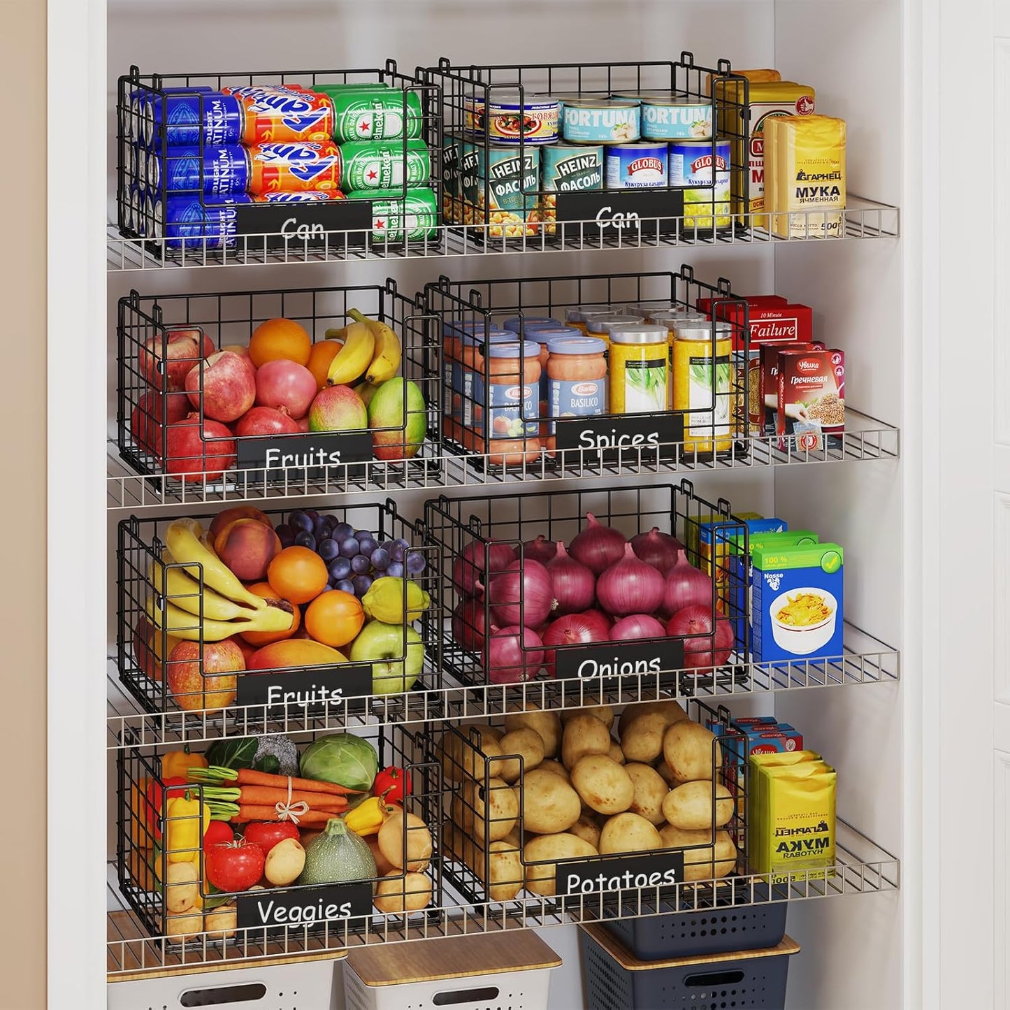 JKsmart 8-Tier Stackable Wire Basket, Can Organizer for Pantry Kitchen, XXL Metal Storage Shelves with Dividers & Handles, Easy Assembly Space Saving Storage Bins for Snacks Fruits Veggies