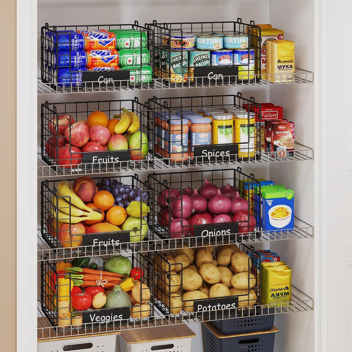 JKsmart 8-Tier Stackable Wire Basket, Can Organizer for Pantry Kitchen, XXL Metal Storage Shelves with Dividers & Handles, Easy Assembly Space Saving Storage Bins for Snacks Fruits Veggies