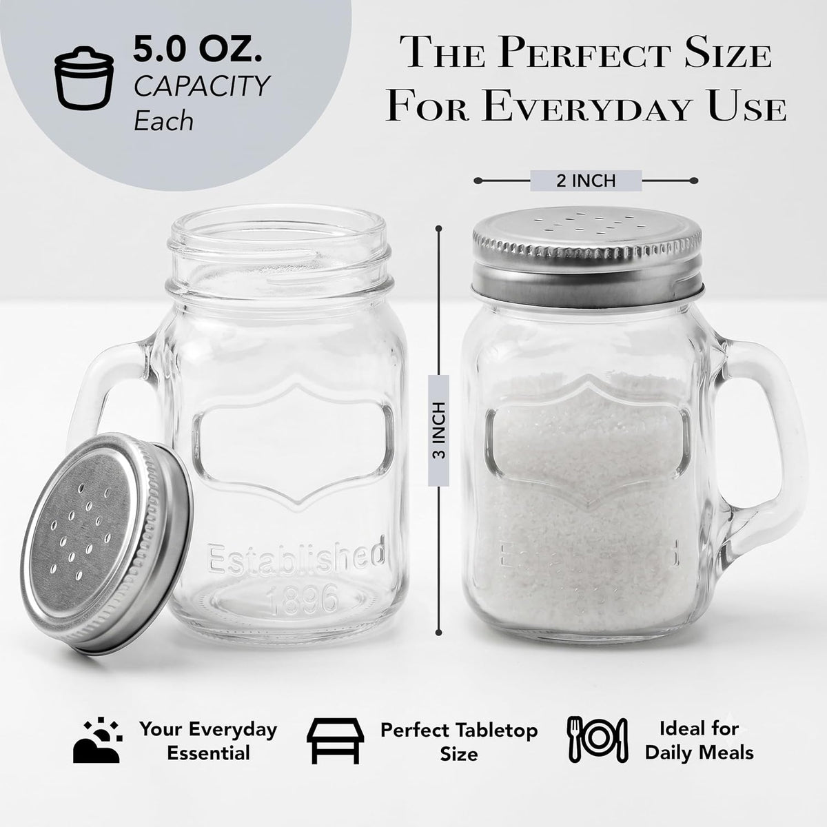 Circleware Mason Yorkshire Jar Mug Salt and Pepper Shakers with Glass Handles and Metal Lids, 5 Ounce, Set of 2 in Gift Box, Limited Edition Glassware Serveware
