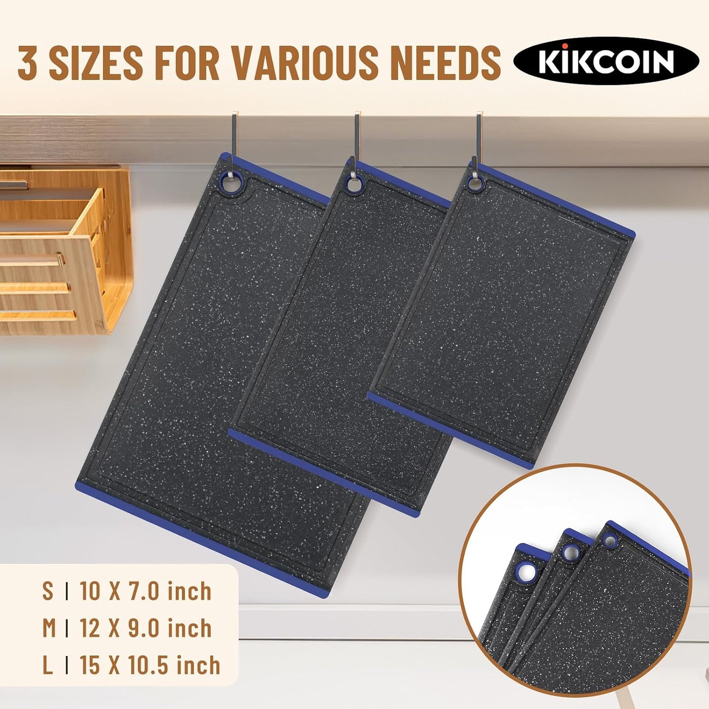 Kikcoin Plastic Cutting Boards for Kitchen, 3-Piece Large Cutting Board Set Dishwasher Safe Chopping Boards with Non-slip Feet and Juice Grooves, Gray