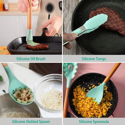11Pcs Silicone Cooking Utensils Set with Wooden Handle, Heat Resistant Kitchen Utensil Set incl Spatula, Ladle, Tongs & Whisk, Non-Stick & Dishwasher Safe w/Holder