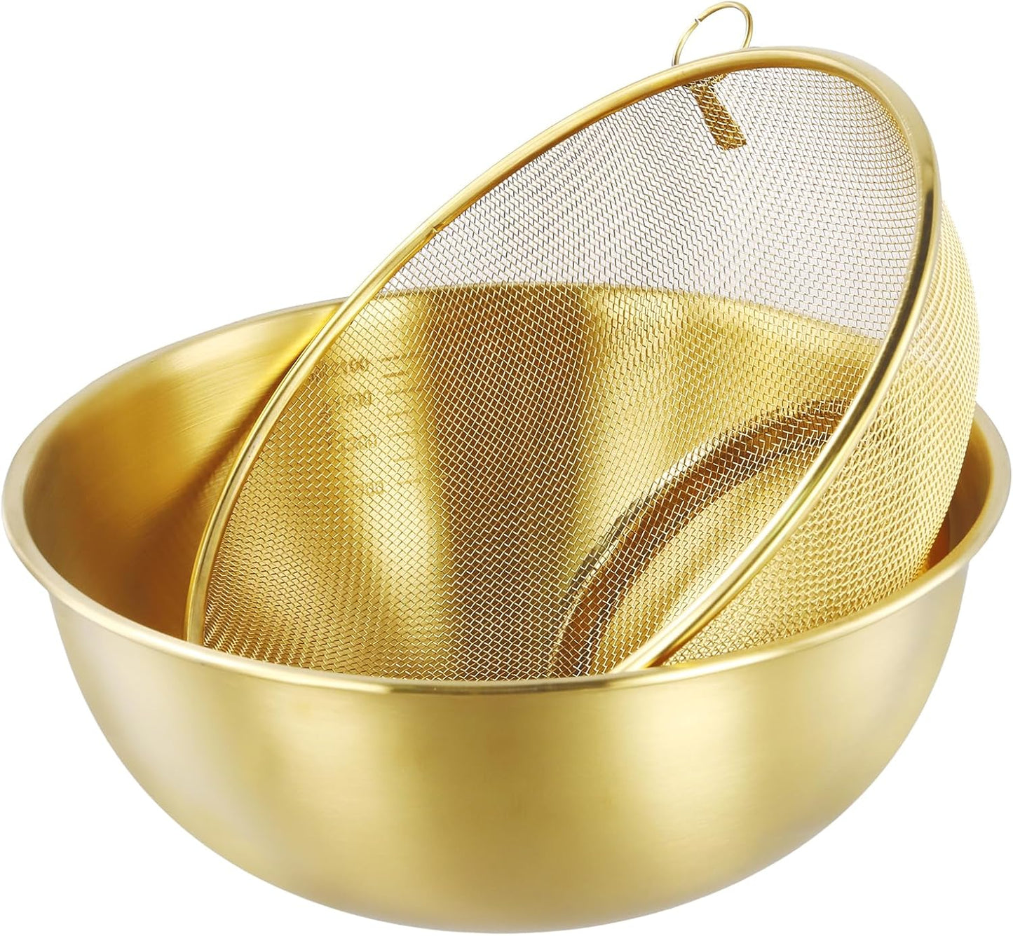 6 PCS Gold Stainless Steel Colander Set, 1.2Qt 2Qt and 3Qt Capacity Rice Washing Strainers with Metal Mixing Bowls Basin for Pasta Straining, Fruit Washing, Vegetable Draining
