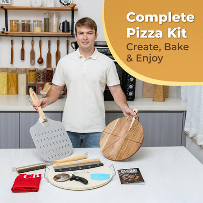 CRUSTO® Pizza Stone For Oven Set 16 Inch Cordierite Stone Pizza Peel Cutter Wheel Dough Proofing Box Cutting Board Apron Cleaning Brush Home Pizza Baking Kit With Handles for Oven Grill (Pro Kit)