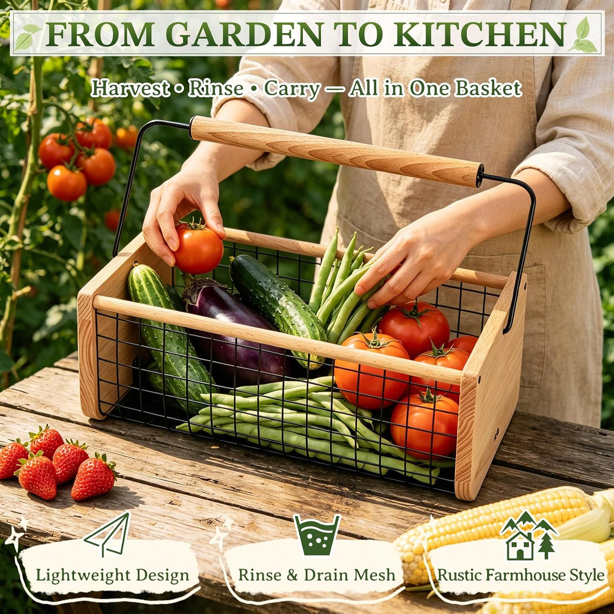 Garden Hod Harvest Basket, Wooden Garden Harvest Basket with Metal Mesh, Vegetable Gathering Basket for Fruit Picking, Rinse & Drain Gardening Basket for Kitchen, Picnic, Farmhouse Decor-Big