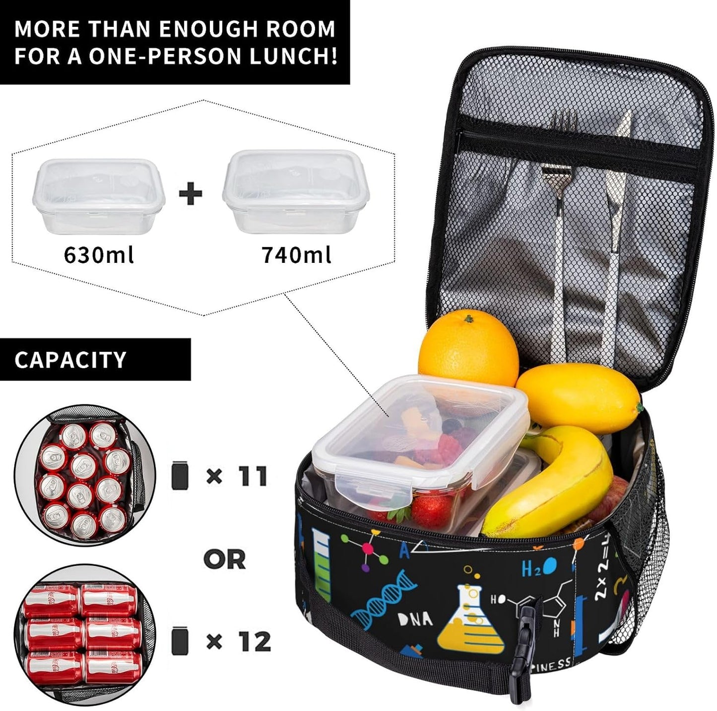 Black Cat Reusable Lunch Box Food Bag Insulated Lunch Bag for Teenage Boys Girls School Beach
