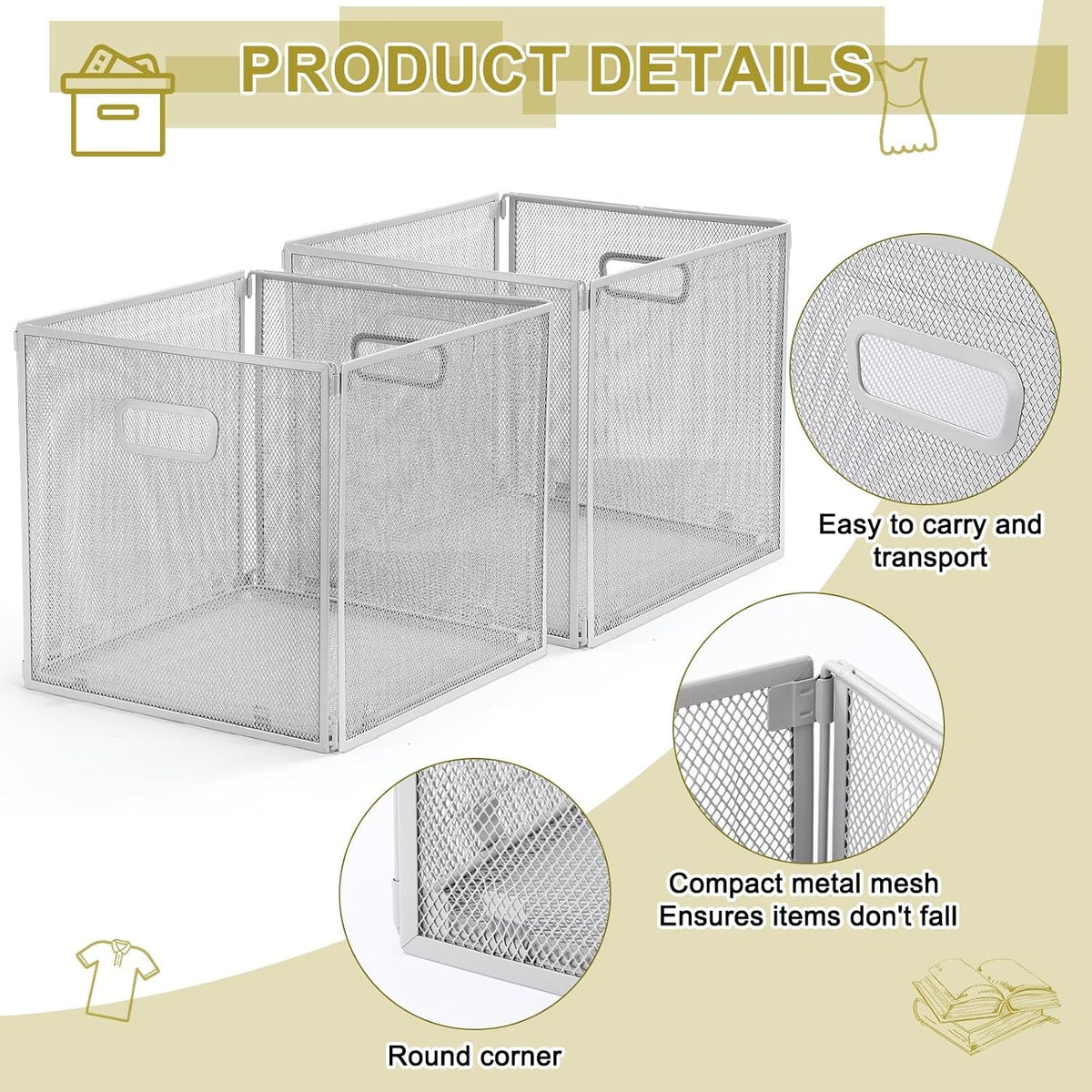 Funnymoom 2 Pcs Foldable Metal Wire Basket 13 x 13 Inch Black Cube Storage Bins Stackable Wire Laundry Baskets Organizer with Handle for Shelves Pantry Cabinet File Graduation Gift